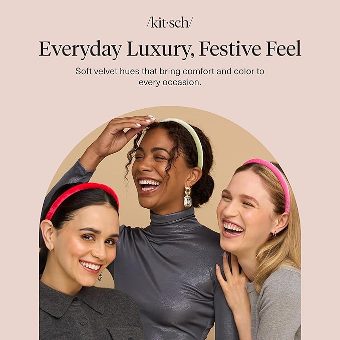 Kitsch Velvet Headbands for Women & Girls - No-Slip, Comfortable, Lightweight & Gentle on Hair – Ideal Hair Accessories for Holiday Outfits, Everyday Looks & Holiday Gift - Pink, Red & Green, 3pcs