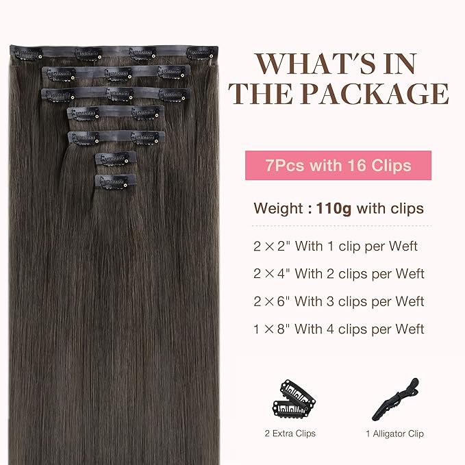 GOO GOO Clip in Hair Extensions Real Human Hair, Remy Human Hair Extensions Clip ins for Women, Natural Human Hair, 20inch 110g 7Pcs, 1C Mocha Brown