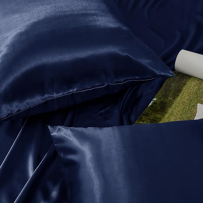Navy Blue Satin Pillowcase Standard Set of 2 with Envelope Closure，Navy Blue Silk Pillowcase for Hair and Skin (20x26)