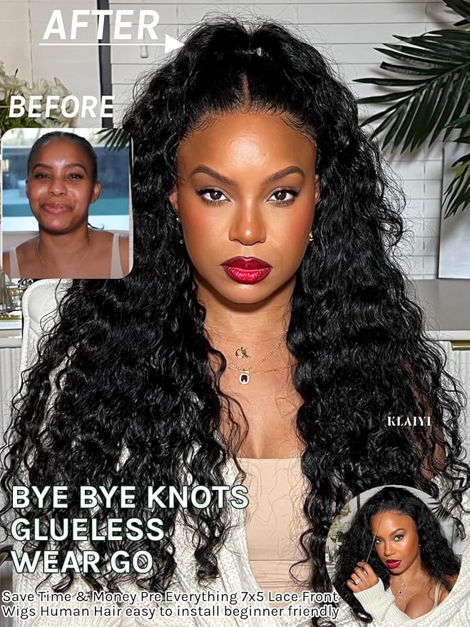 KLAIYI Bye Bye Slip™ Water Wave 7X5 Precut Lace Front Human Hair Wig Drawstring Glueless 3S Ready to Wear and Go Wig with Baby Hair Pre Plucked Bleached Bye Bye Knots Curly Wig 180%Density Full 16Inch