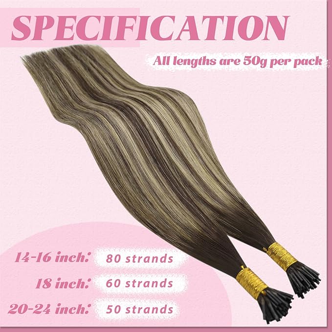 YoungSee I Tip Hair Extensions Balayage I Tip Extensions Brown Ombre Dark Brown with Ash Blonde Itips Real Human Hair Extension Itips Brown Hair Extension 14Inch 50g 80s Cold Fusion Hair Extension