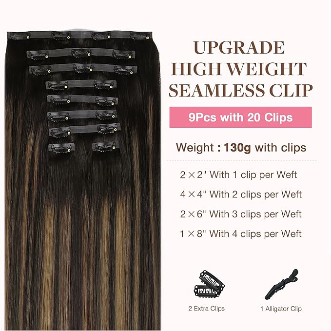 GOO GOO Clip in Hair Extensions Real Human Hair, Remy Human Hair Extensions Clip ins for Women, Natural Human Hair, 14inch 130g 9Pcs, 2/6/2 Balayage Dark Brown to Chestnut Brown