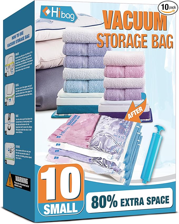 Vacuum Storage Bags, 10 Small Space Saver Vacuum Seal Bags, Space Bags, Vacuum Sealer Bags for Clothes with Travel Hand Pump (10S)