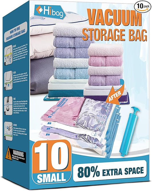 Vacuum Storage Bags, 10 Small Space Saver Vacuum Seal Bags, Space Bags, Vacuum Sealer Bags for Clothes with Travel Hand Pump (10S)