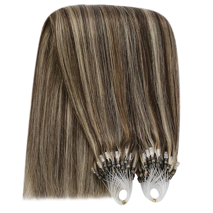 YoungSee Micro Loop Hair Extensions Real Human Hair Brown Highlight Micro Ring Hair Extensions Human Hair Highlight Dark Brown and Blonde Microbeaded Extension Human Hair Remy Hair 22In 50g 50s