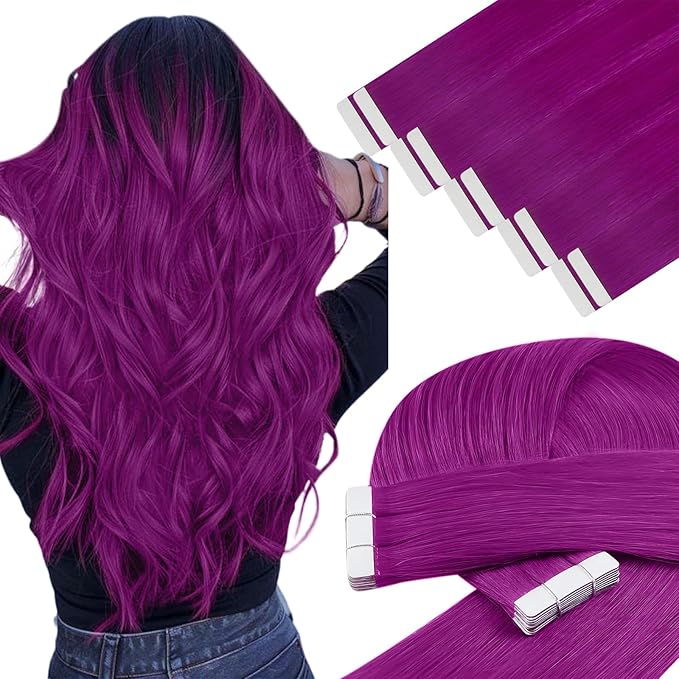 YoungSee Invisible Tape in Hair Extensions Purple Hair Extensions Tape in Colored 25g 10pcs Tape Extension Real Human Hair Purple 20Inch for Girls Party Remy-Hair