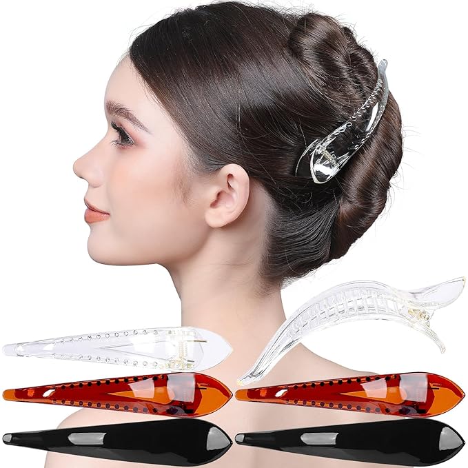 RC ROCHE 6 Pcs Duck Bill Alligator Hair Clips for Women Sectioning Flat Claw Long Thick Hair Inner Teeth Curved Styling Jaw Strong Secure Grip Salon, Large Black, Brown, Clear