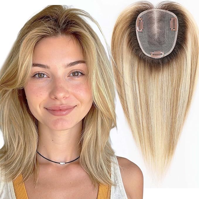 starluck Human Hair Topper for Women with Thinning Hair, 100% Real Human Hairpiece, 4.6 * 4 Inch Upgrade SilkHug Swiss Lace Base Hairpiece,14 Inch, No Bangs (Ombre Blonde)