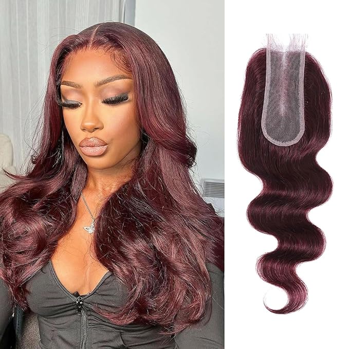 2x6 HD Lace Closure Human Hair Body Wave 99J Burgundy Dark Red Wine Color Transparent Lace Closure 2x6 Long Deep Middle Part 100% Raw Virgin Human Hair 16 Inch 150% Density