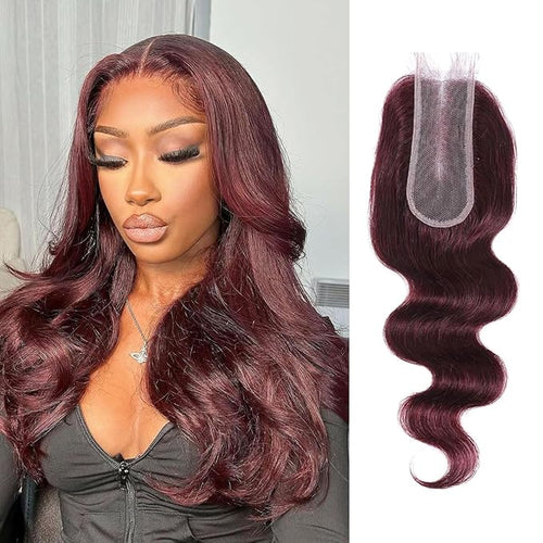 2x6 HD Lace Closure Human Hair Body Wave 99J Burgundy Dark Red Wine Color Transparent Lace Closure 2x6 Long Deep Middle Part 100% Raw Virgin Human Hair 16 Inch 150% Density