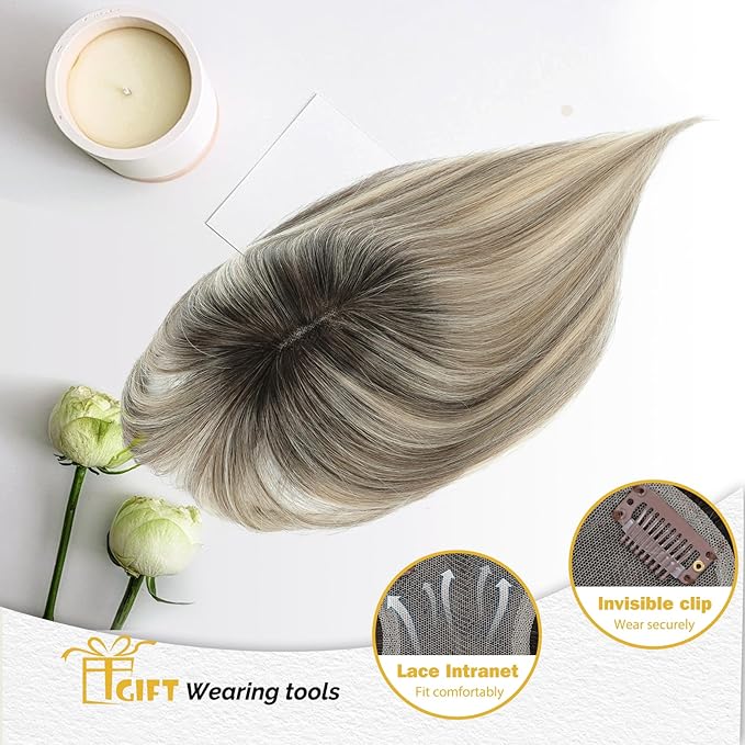 100% Real Human Hair Topper for Women Human Hair Pieces for Women 10 inch Ombre Light Brown with Blond Highlight Hair Hoppers with Bangs Swiss Base Clip in Bangs for Thinning Hair2T613