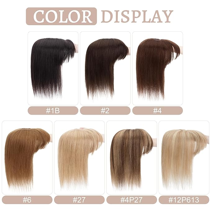 Hair Toppers for Women Real Human Hair With Bangs, 13 * 15 cm Larger Silk Base 150% Density Clip In Topper Hairpieces, Wiglet Top Pieces Add Volume /10 Inch 02 Dark Brown