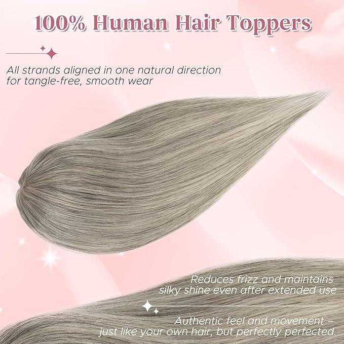 Real Human Hair Toppers for Women 3.54"*4.72" Silky Base 150% Density No Bangs Adjustable Parting Clip-In Topper Hairpieces for Women with Thinning Hair 16 Inches White Mixed Natural Black