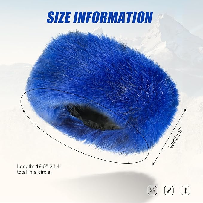 Faux Fur Headband for Women Elastic Fuzzy Thick Earmuffs Winter Headwrap Ear Muffs Furry Ear Warmers Cold Weather (Royal Blue)