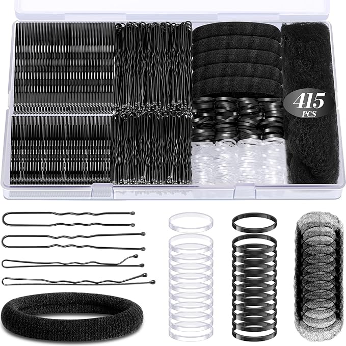 415pcs Bobby Pins Hair Pins Set, IKOCO 200pcs U Shaped Pins & Elastic Hair Ties for Women with Hair Net, Black