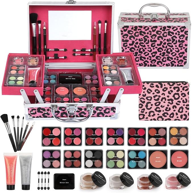 Anpro All-In-One Leopord Double Folding Makeup Carry Case with Pro Teen Makeup Set, Full Starter Kit with Makeup Brushes, Lipsticks, Eyeshadow Palette, Blushes, Glitter Gel, Ideal Present for Girls