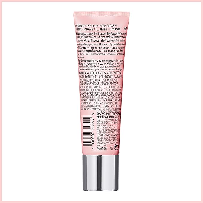 Revlon Face Primer, PhotoReady Face Gloss Rose Glow, Face Makeup for All Skin Types, Hydrates, Illuminates & Moisturizes, Infused with Glycerin & Olive Oil Extract, 80% Water, 1 Fl Oz