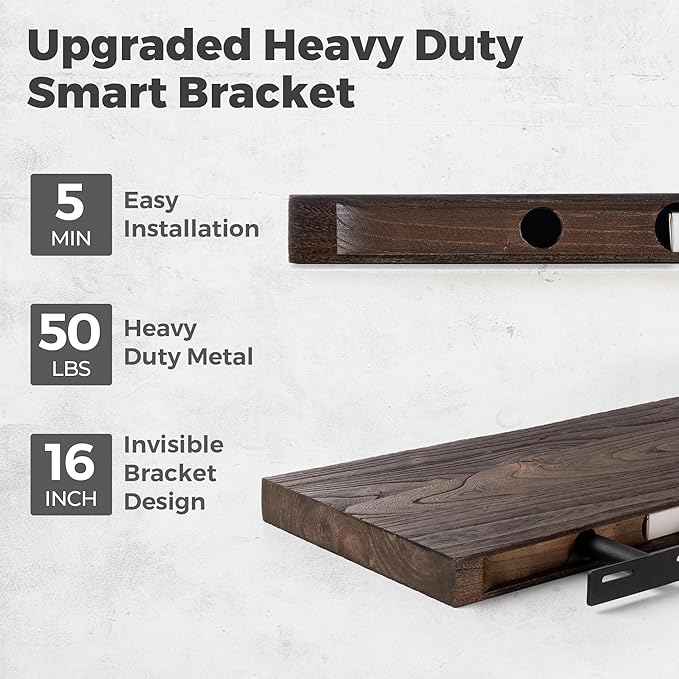 RICHFOCUS Live Edge Elm Floating Shelves - 36" W x 9.3" D Rustic Solid Wood Wall Shelves with Invisible Bracket, Wall-Mounted for Living Room, Bedroom, Kitchen Storage & Display, Set of 2, Walnut