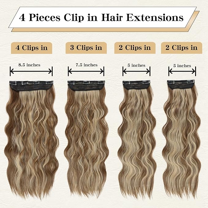 Clip in Hair Extensions, 20 Inch Caramel Brown Mixed Honey Blonde Hair Extensions for Women 4PCS Long Wavy