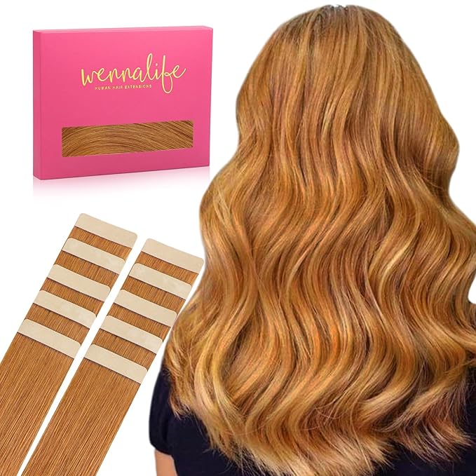 WENNALIFE Tape in Hair Extensions Human Hair Auburn Ginger Tape in Extensions, 10pcs 20g 10 inch Remy Invisible Tape Ins Straight Colored Soft Real Human Hair Tape in Extensions Refill Set Extensions