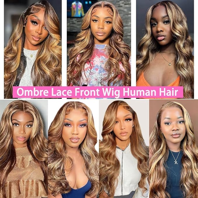 36 Inch 13x6 Lace Front Wigs Human Hair 200 Density P4/27 Highlight Ombre Body Wave HD Lace Front Wigs Human Hair Pre Plucked