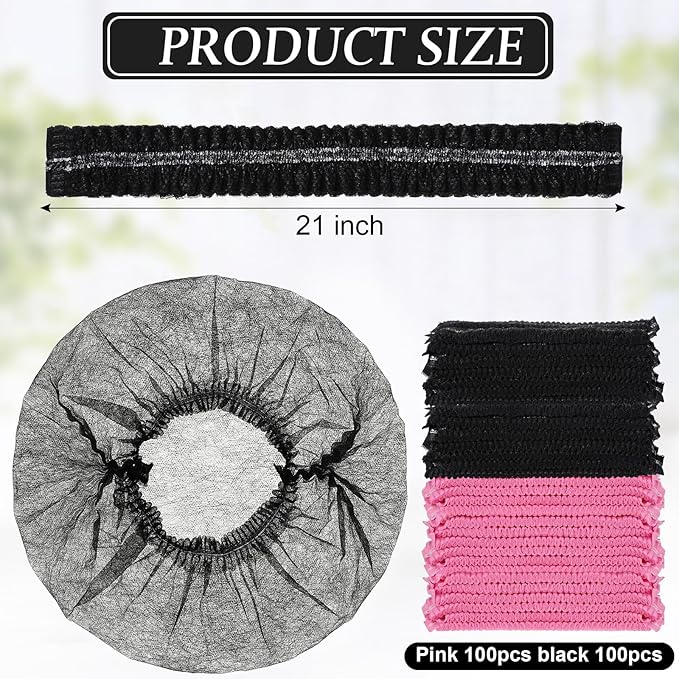 Geyoga 200 Pcs Disposable Nonwoven Bouffant Caps 21 Inch Hair Net Elastic Cap Hair Cover Hats for Beauty Salon Hospital Spa Catering Dust-free Workspace (Pink,Black)