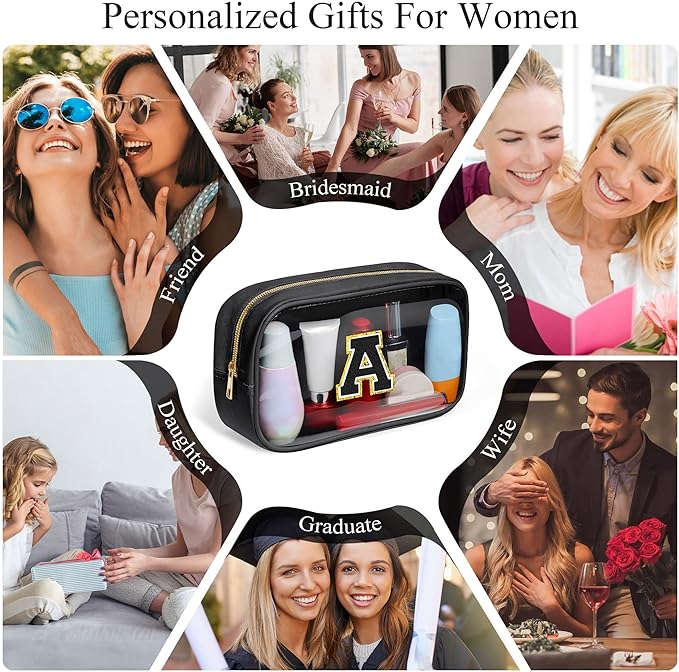 YOOLIFE Travel Toiletry Bag for Women, Black Clear Makeup Bag Cute Make Up Bag for Women Cosmetic Bags Skin Care Makeup Bag Organizer Birthday Gifts for Women Teacher Mother Girlfriend Initial D