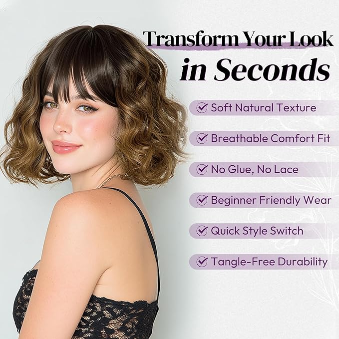 BARSDAR Brown Ombre Short Wavy Wig with Bangs - Short Wavy Brown Wig for Women - Fluffy Soft Synthetic Curly Textured French Bob Ombre Wigs with Bangs Natural Looking Face-Framing Daily