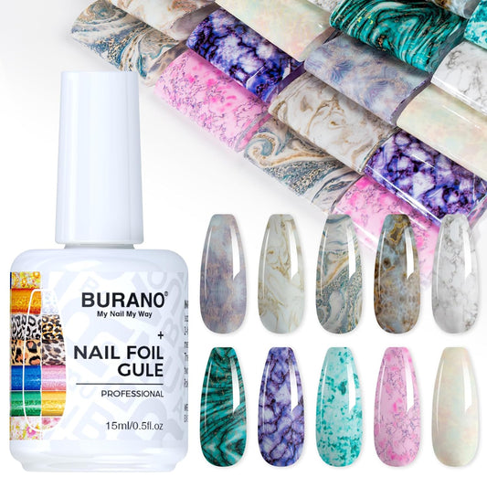 BURANO Nail Art Nail Foil Glue Gel, o.5 oz with 10PCS Foil Stickers Set Nail Foil Glue for Nails Foil Transfer Gel, Nail Design DIY UV LED Lamp Required (Marble Foil 15)