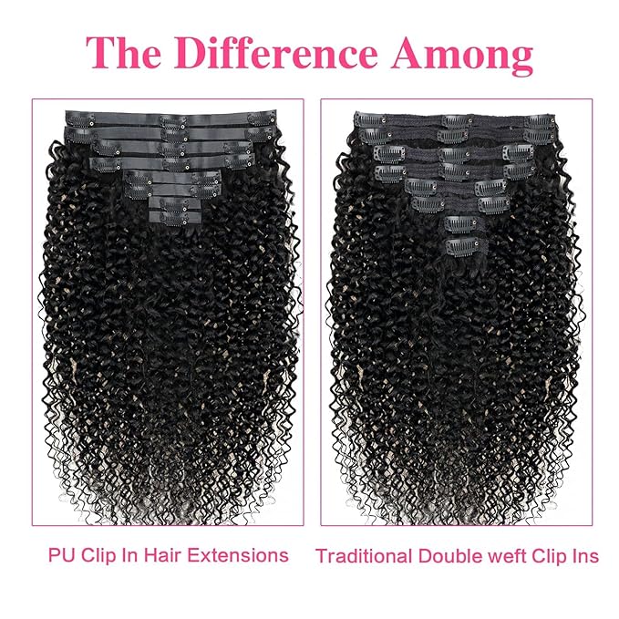 Seamless Kinky Curly Clip in Hair Extensions Real Human Hair Brazilian Virgin 3c 4a Curly Clip ins Human Hair Extensions (16inch,#1B)