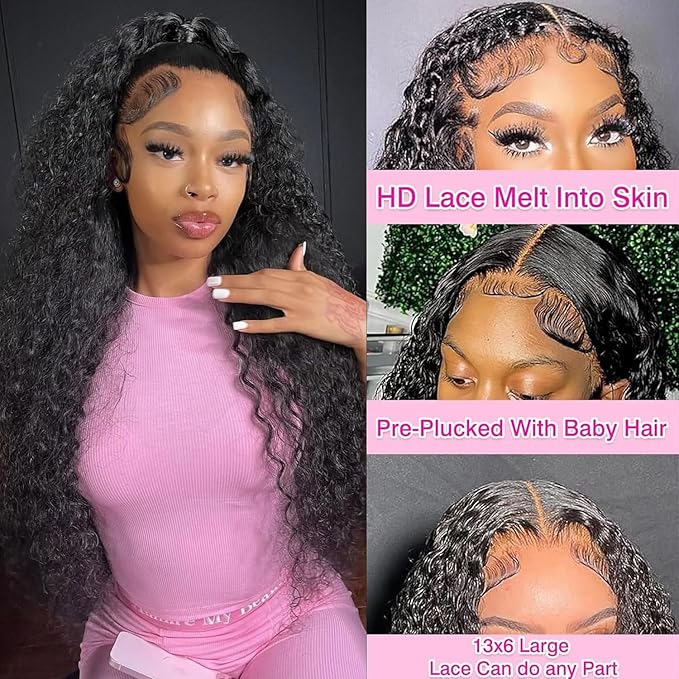 BVLBVL 30 Inch Lace Front Wig Human Hair 180% Density 13x6 Deep Wave Lace Frontal Wigs for Women Curly Wig Pre Plucked, Real Human Hair No Synthetic Blend No Tangle No Shedding Triple Lifespan 3X