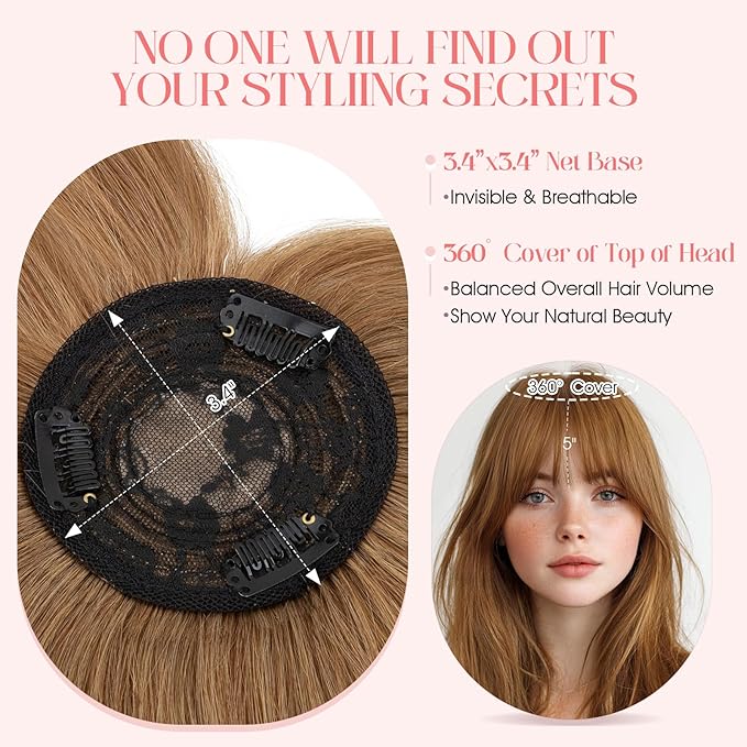 Hairro Mono Hair Toppers with Bangs, 3.4" x 3.4" Mono Base 100% Real Human Hairpieces for Women, 150% Density Clips In Topper for Greyish Thinning Hair, 12 Inch Blondish Brown