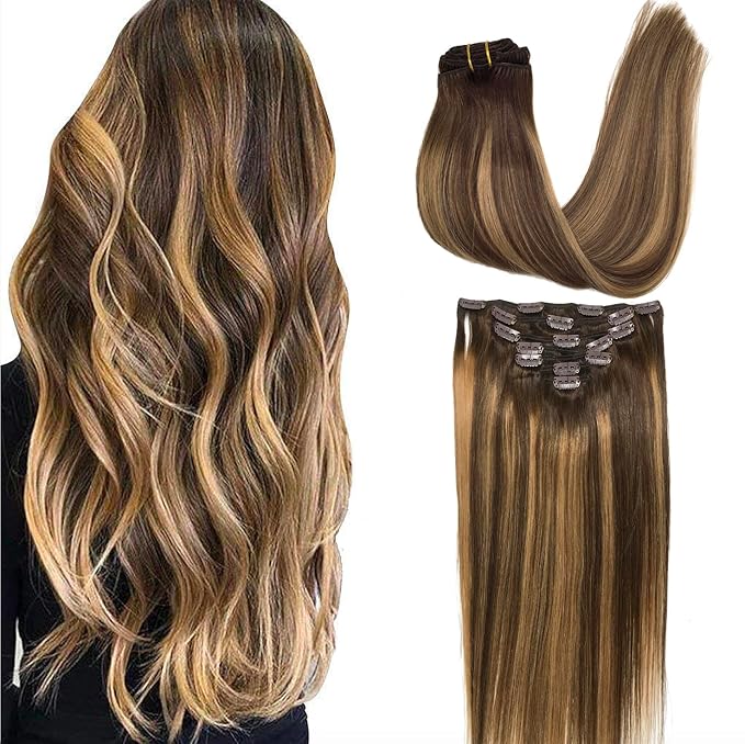 GOO GOO Clip in Hair Extensions Real Human Hair, Remy Human Hair Extensions Clip ins for Women, Natural Human Hair, 24inch 170g 7Pcs, #4/27/4 Balayage Chocolate Brown to Caramel Blonde