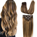 GOO GOO Clip in Hair Extensions Real Human Hair, Remy Human Hair Extensions Clip ins for Women, Natural Human Hair, 20inch 200g 7Pcs, #4/27/4 Balayage Chocolate Brown to Caramel Blonde