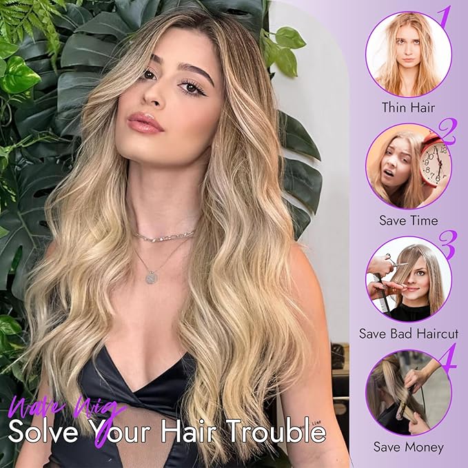 Honey Blonde Wig for Women Long Wavy 4x1 Lace Natural Hairline Glueless for Beginners Middle Part Synthetic for Daily Party Use 26Inch