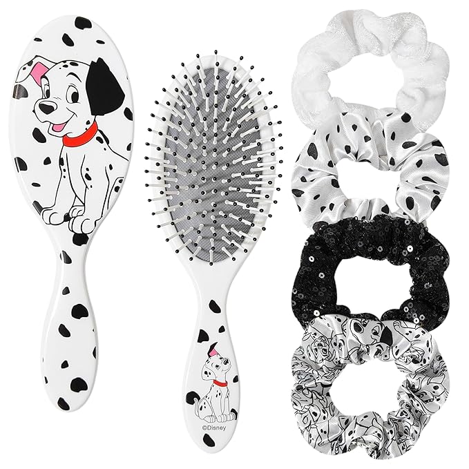 LUV HER Disney Hair Accessory Set – 5 Pieces: 1 Detangling 9-inch Hairbrush & 4 Scrunchies, Elastic Hair Ties, Ages 3+