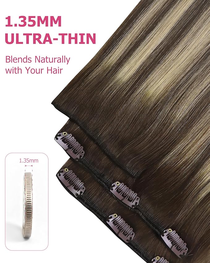 YoungSee Clip in Human Hair Extensions Brown Balayage Hair Extensions Clip ins Chocolate Brown with Ash Blonde Balayage Clip on Hair Extensions Human Hair Easy to Install 120G 7Pcs 20In