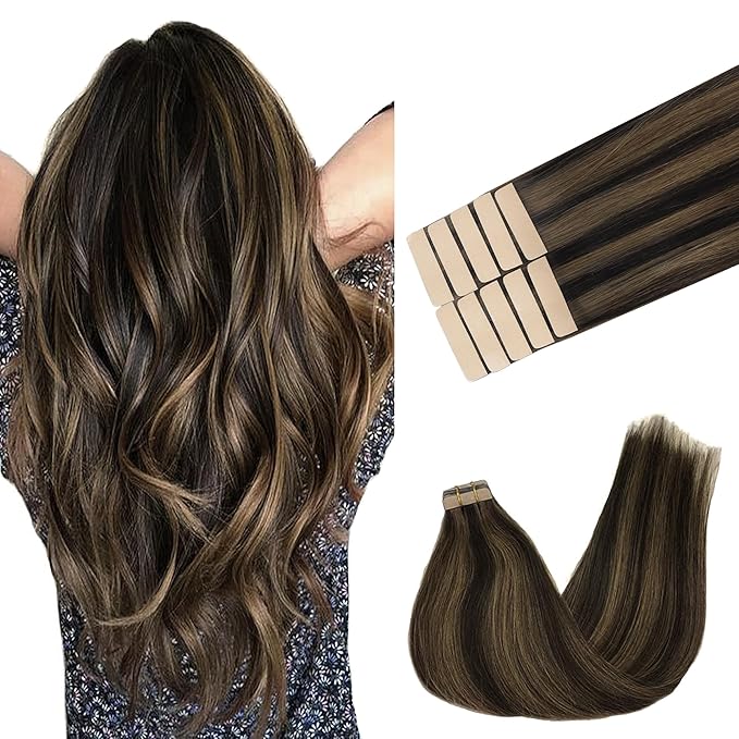 GOO GOO Tape in Hair Extensions Human Hair, 2/6 Dark Brown Highlighted Chestnut Brown, 22inch 30g 10pcs, Skin Weft Seamless Invisible, Silky Straight with Thick Ends, Remy Human Hair