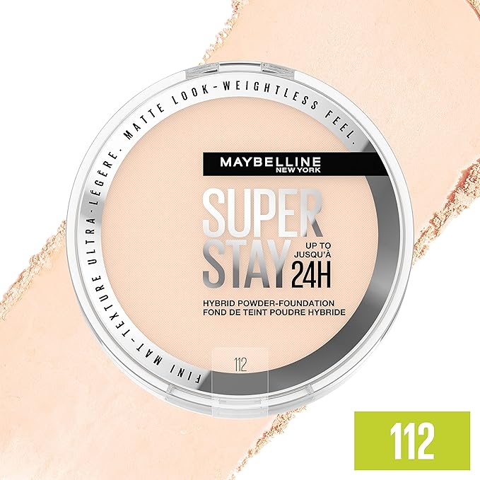 Maybelline Super Stay Up to 24HR Hybrid Powder-Foundation, Medium-to-Full Coverage Makeup, Matte Finish, 112, 1 Count