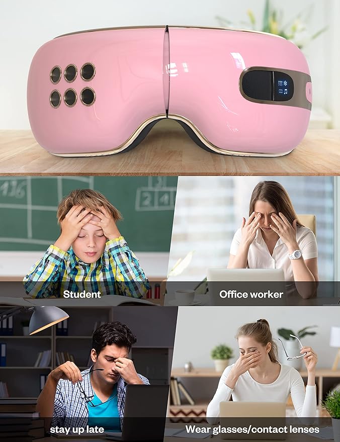 Eye Massager with Heat and Cooling for Migraines, Dry Eyes, Dark Circles, Rechargeable Heated Eye Mask Massager Improve Sleeping - Gifts for Women and Men (Pink)