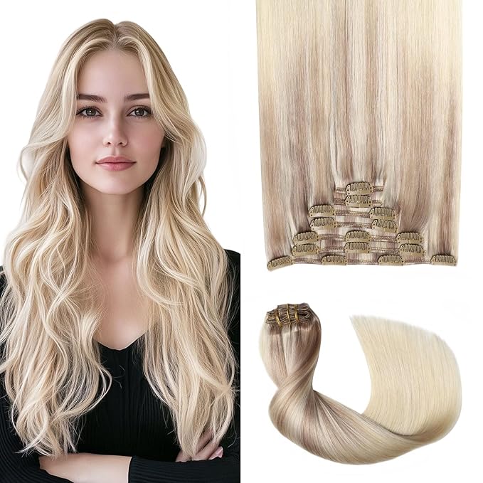Pro2.0 Remy Clip in Extensions Real Human Hair #18/22/60 Balayage Ash Blonde to Golden Blonde and Platinum Blonde Clip in Hair Extensions Real Human Hair 18inch 120g 7pcs（#18/22/60-18inch）