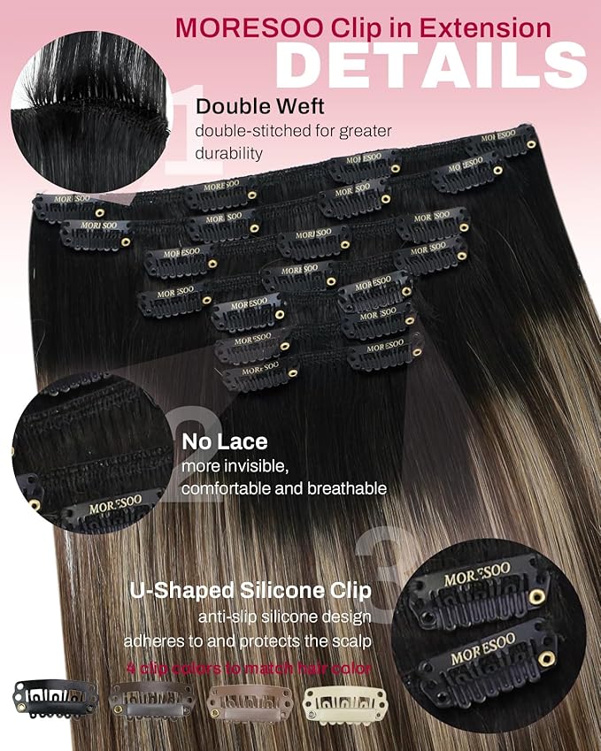 Moresoo Black to Brown Ombre Clip in Hair Extensions Real Human Hair Black to Dark Brown with Dark Golden Blonde Human Hair Clip in Extensions 16inch 135g/7pcs