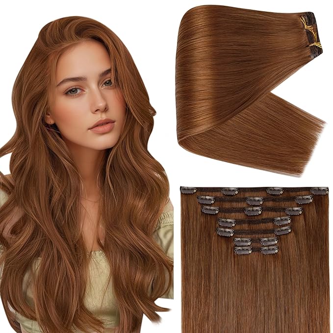 Full Shine Ginger Hair Clip in Extensions Real Human Hair Extensions Clip ins Dark Auburn for Thickness for Pageant 150 G 24 Inch 7 Pcs