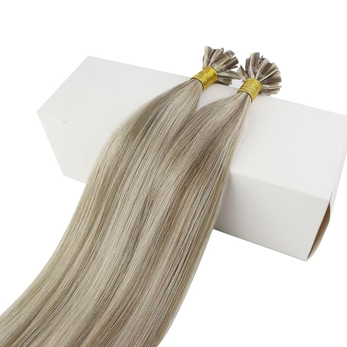 Fshine U Tip Remy Human Hair Extensions Highlighted Light Brown Mixed Platinum Blonde Pre Bonded Hair Extensions Real Human Hair 16 Inch Hot Fusion Nail Tip Hair Extensions For Women 50 Grams 1g/s