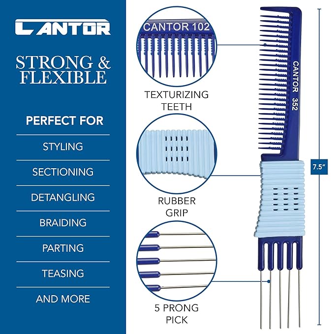 Lift Teasing Comb and Hair Pick - Stainless Steel Detangler Gripper - Anti Static Comb for All Hair Types - By Cantor