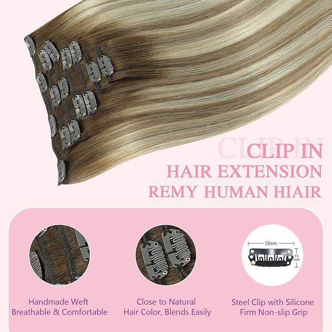 PINKPEARL Clip in Human Hair Extensions #3/8/22 Balayage Walnut Brown to Ash Brown and Golden Blonde Clip in Hair Extensions Real Human Hair 7pcs 120g 18inch Human Hair Extensios Clip ins(#3/8/22-18)