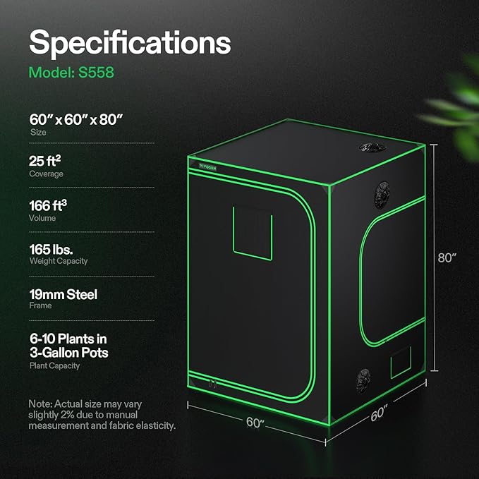 VIVOSUN S558 5x5 Grow Tent, 60"x60"x80" High Reflective Mylar with Observation Window and Floor Tray for Hydroponics Indoor Plant for VSF6450