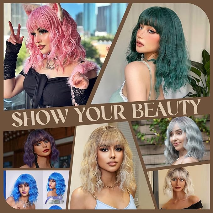 MISSQUEEN Black Blonde Wig with Bangs Short Highlights Curly Wig Heat Resistant Synthetic Fibre Wigs for Women Girls Daily Party Holiday Festival Chrismas Used