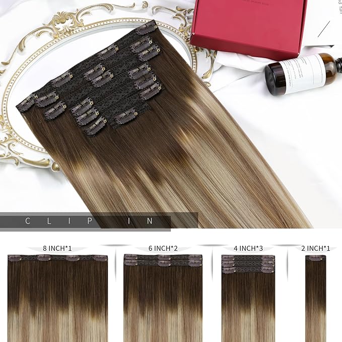 Moresoo Balayage Clip in Hair Extensions Medium Brown to Light Brown with Medium Blonde Ombre Clip in Human Hair Extensions Remy Human Hair Long Full Head 120g/7pcs 20in