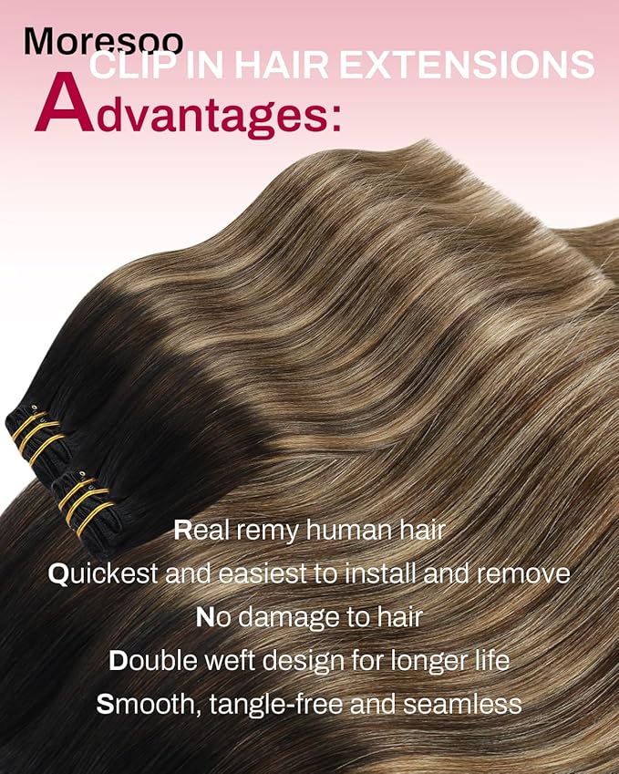 Moresoo Seamless Clip in Hair Extensions Human Hair Ombre Black to Blonde Hair Clip Extensions for Women Straight Balayage Natural Black to Brown with Caramel Blonde 120g/7pcs 16in